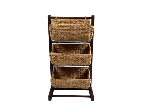 Curated 3-Tier Water Hyacinth Basket Storage Tower with Dark Wood Frame